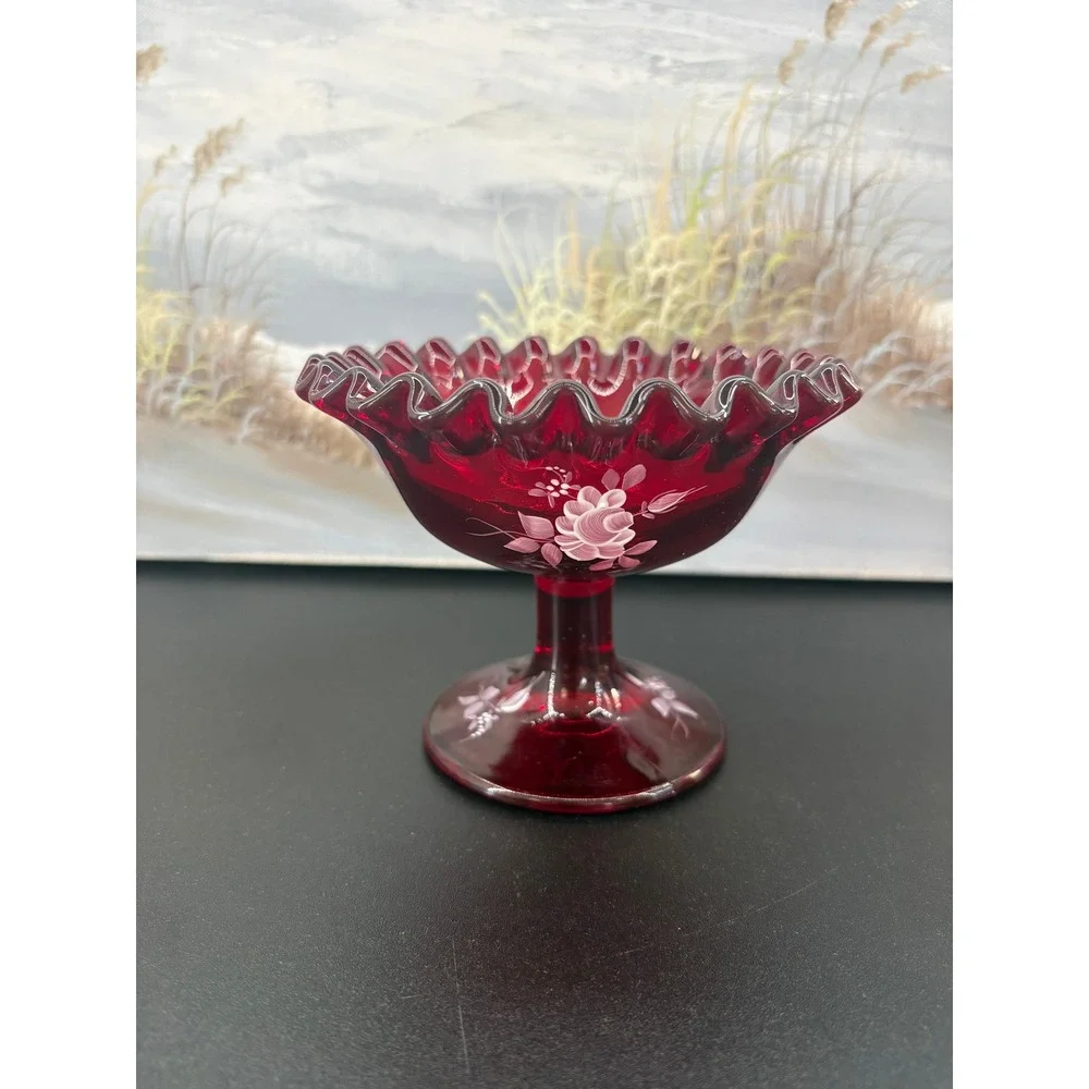 Fenton Ruby Red Glass Pedestal Candy Dish Hand Painted Floral Ruffled Rim Kim L